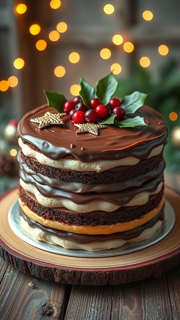 An elegant Christmas cake with chocolate ganache and festive decorations, surrounded by holiday lights.